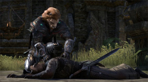 A brave Khajitt falls while another, hey, you can't loot players in ESO! Dang cat people.