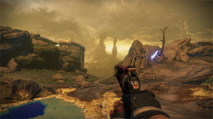 Destiny has a traditional shooter interface where you will spend a lot of time looking at your hands and your weapons, or down a scope if you are lucky enough to have one.