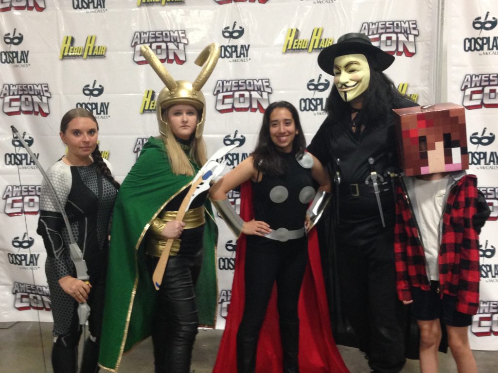 Katniss from the Hunger Games, Loki and Thor, V from V for Vendetta, and a minecraft character. Avengers photo shoot AwesomeCon 2016.