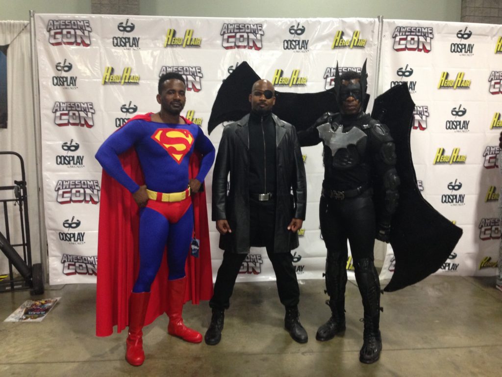 Superman, Nick Fury from Avengers, and Batman. The batman wings were a great addition to the costume. 