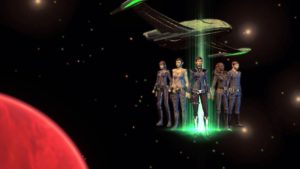 A Romulan character and crew as seen in Star Trek Online.