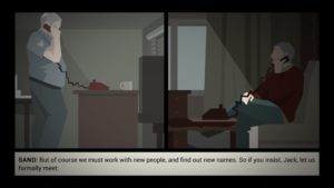The game has a simplistic design but with well developed characters and voice acting. Jack Boyd talking with Christopher Sand of Freeburg's mafia.