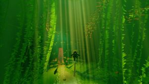 ABZU takes the player to many underwater places. Here the diver journeys into a kelp forest.