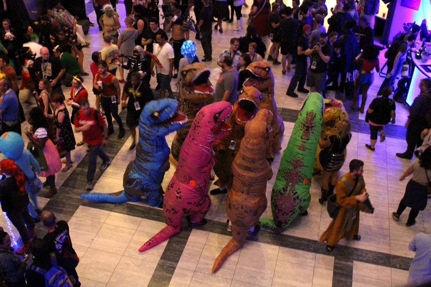 Meanwhile, the T-Rexs got together for a dance party at the Hilton. This year, the Hilton featured a DJ, and the Jedi DJ (who was hip to his audience, as it were) played "Everybody do the Dinosaur" when the T-Rexes swarmed the dance floor in the Hilton lobby. This was doubtlessly photographer Robert's favorite event.