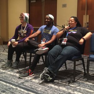 From left, A.K. and CeeJay Bacchus along with Tanya DePass - the founder and director of I Need Diverse Games and cast member for Wizards of the Coast “Rivals of Waterdeep” host a panel at Blerdcon 2018.