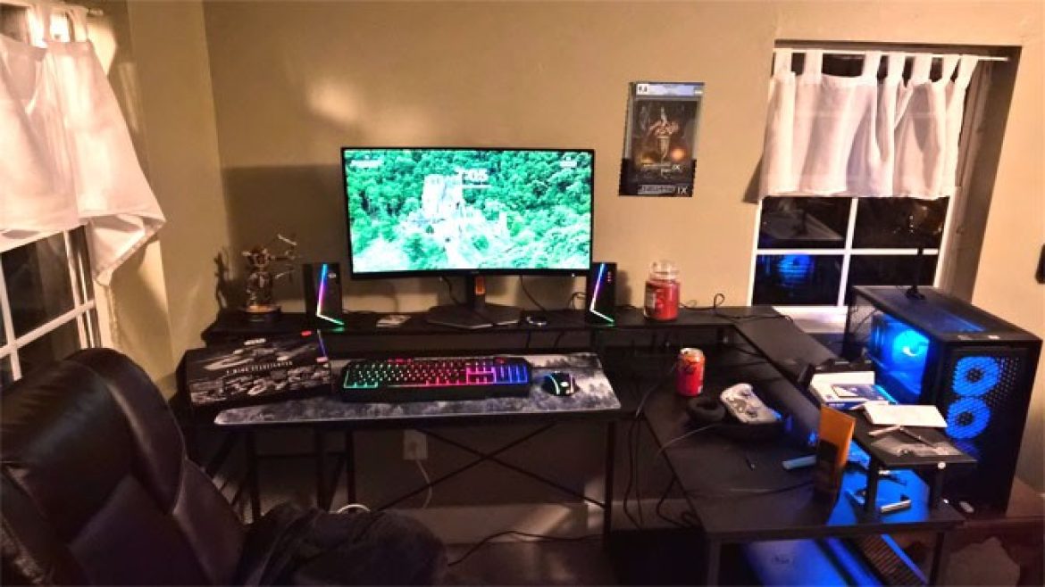 Neal Sayatovich's recently constructed gaming rig and dedicated play area.